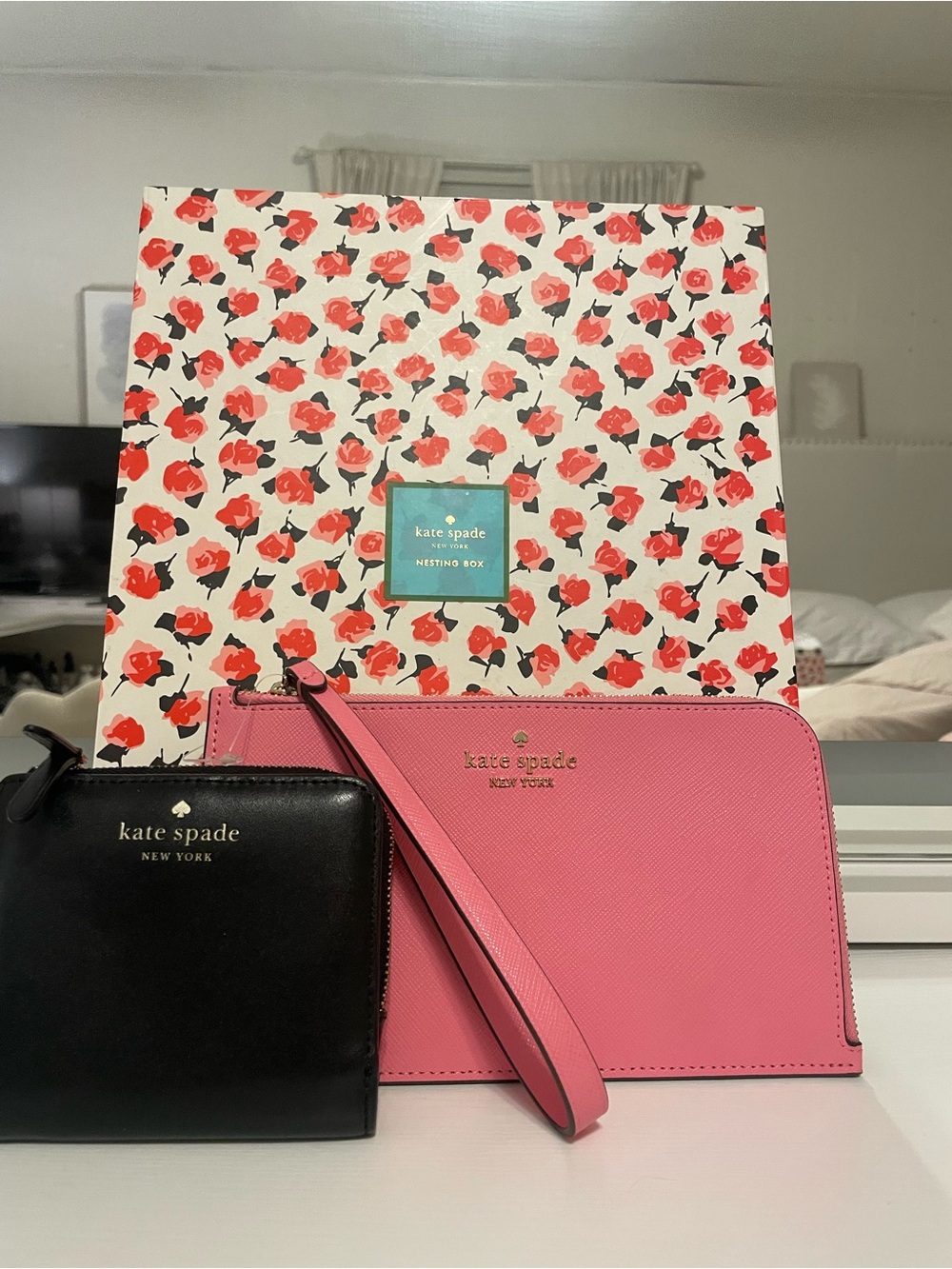 kate spade Pink and Black Leather Phone Wristlet with Gold Logo